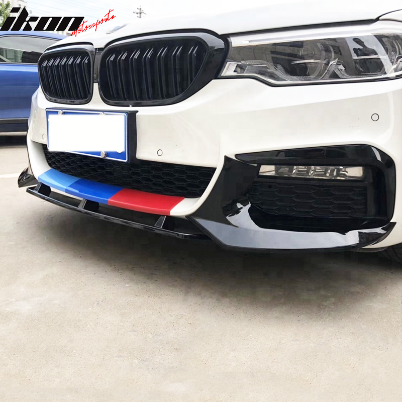 Gloss black BMW G30 M-Tech M Sport front lip splitter for 2017-2020 BMW G30, designed by K2 Industries for sporty enhancement.
