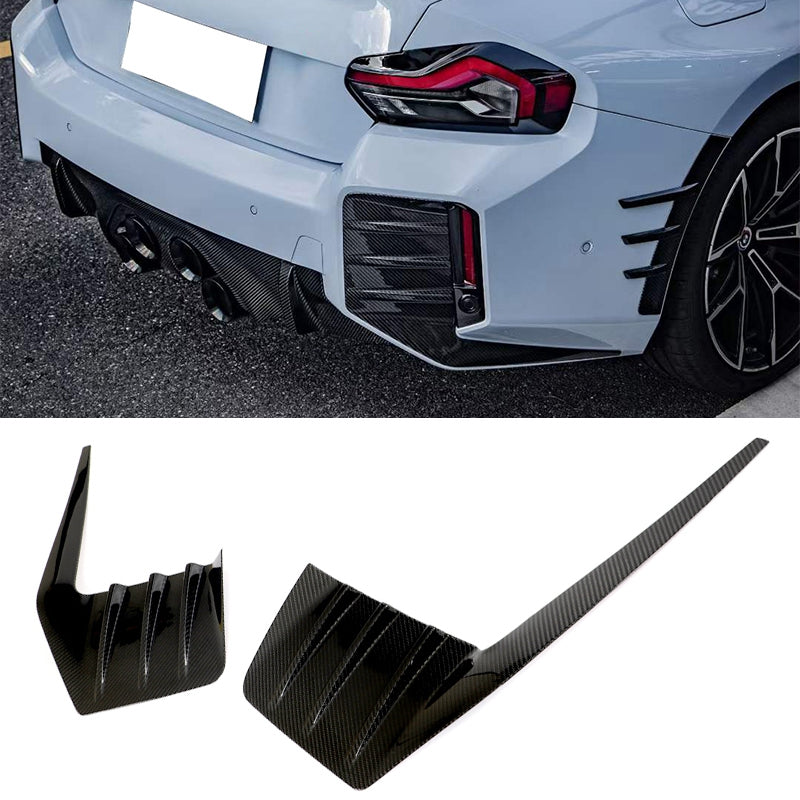 BMW G87 M2 2023-2024 rear side fins diffuser in M Performance style by K2 Industries, showing the sleek design and aerodynamic features.