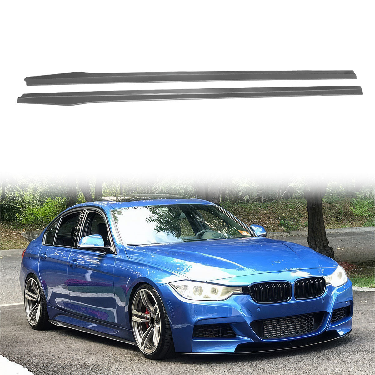BMW F30 M-Tech M Sport side skirts by K2 Industries, showing sleek, black side panel enhancements for 2012-2018 BMW F30 models.
