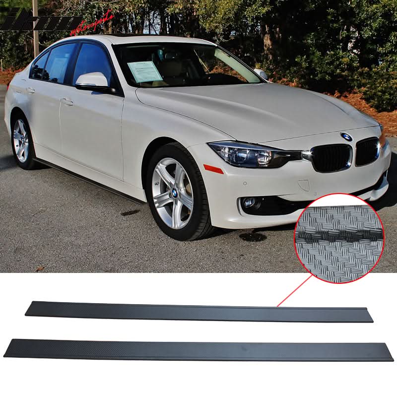 K2 Industries BMW 328I side skirts extension with CF textured finish and flat bottom design for 14 models.