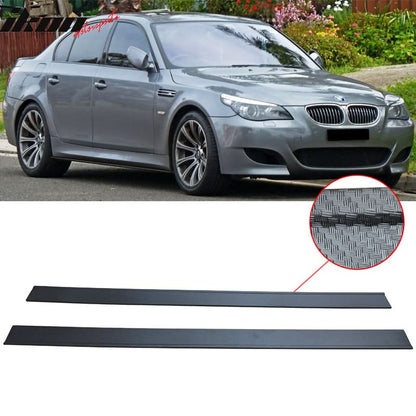 K2 Industries carbon texture side skirts for BMW E60 2004-2010 with flat bottom line lip, designed for sporty styling and fit.