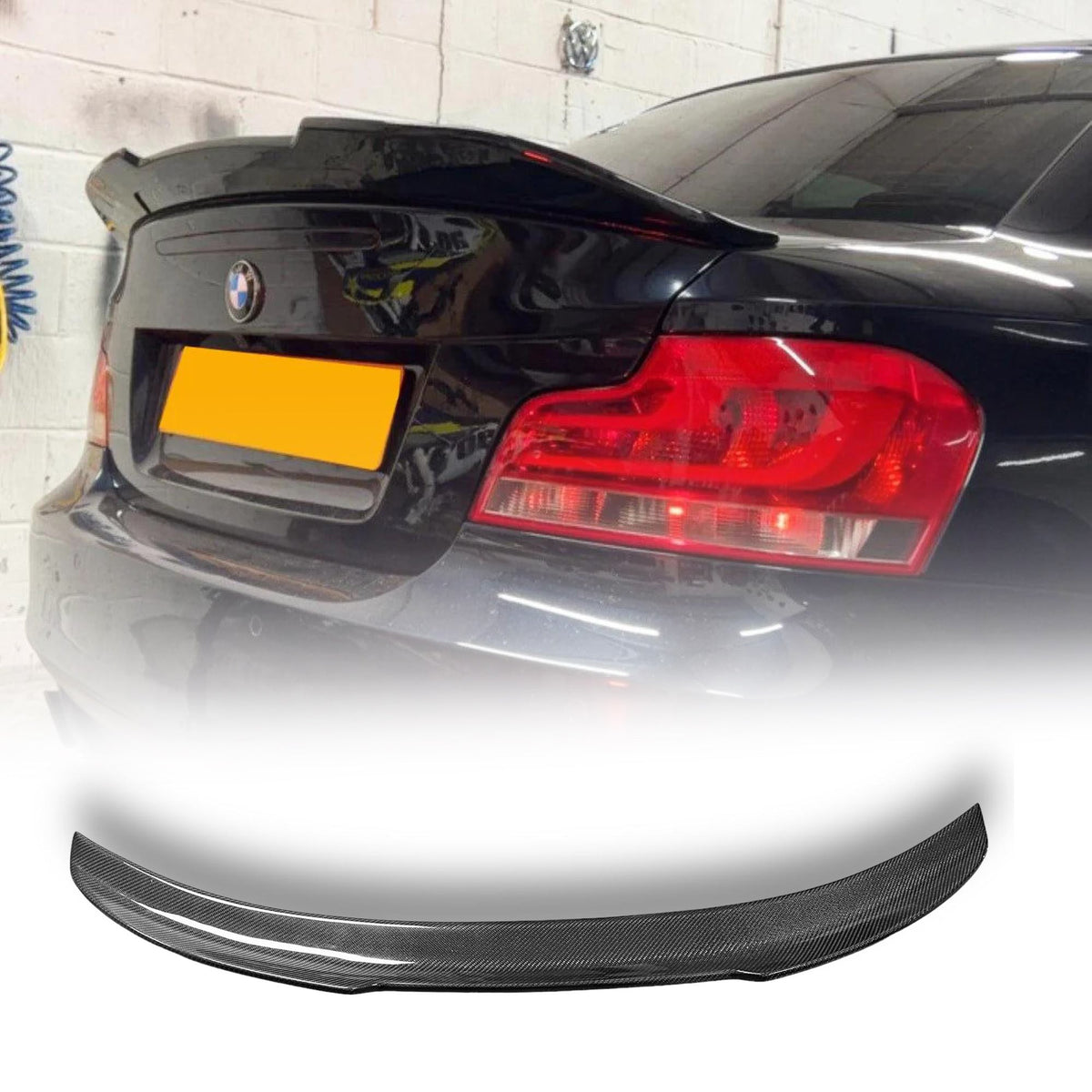 Gloss black carbon fiber BMW E82 trunk spoiler for 1 Series 128i, 125i, 135i, and 1M models by Palenon Performance.