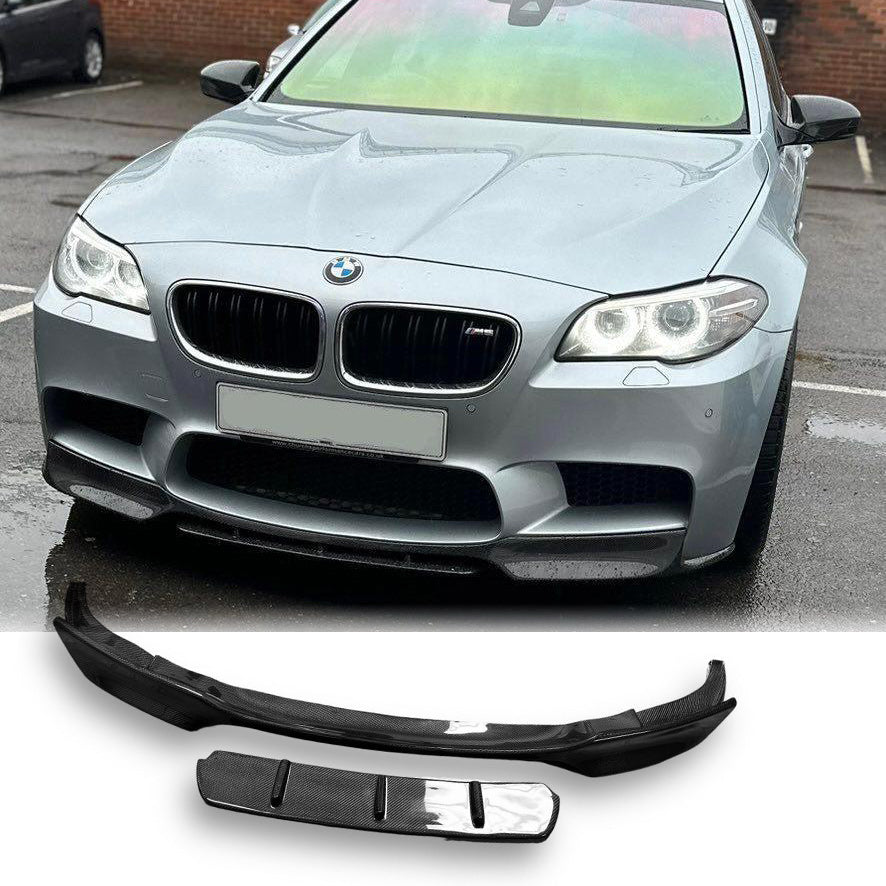 BMW F10 M5 V Sports Style carbon fiber front lip, showcasing aerodynamic design and sleek finish for enhanced sporty appearance.
