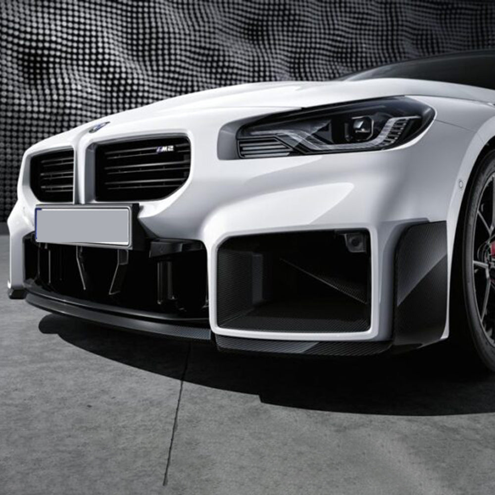 Carbon fiber M Style front lip for BMW M2 G87, featuring aerodynamic design and performance details from Palenon Performance.