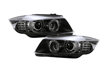 BMW 3 Series E90 headlights by K2 Industries, 2005-2012, showing modern OE style headlight design with clear lens and detailed reflector.