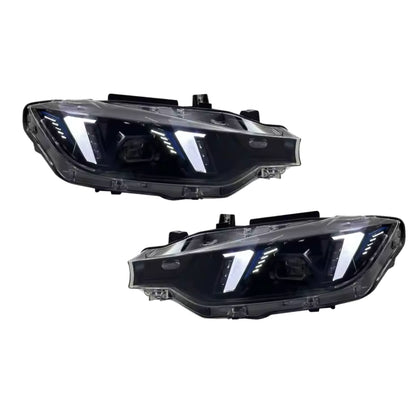 BMW 3 Series F30 Snake Eyes LED headlights by K2 Industries, 2011-2019, showing sleek design and bright LED illumination.