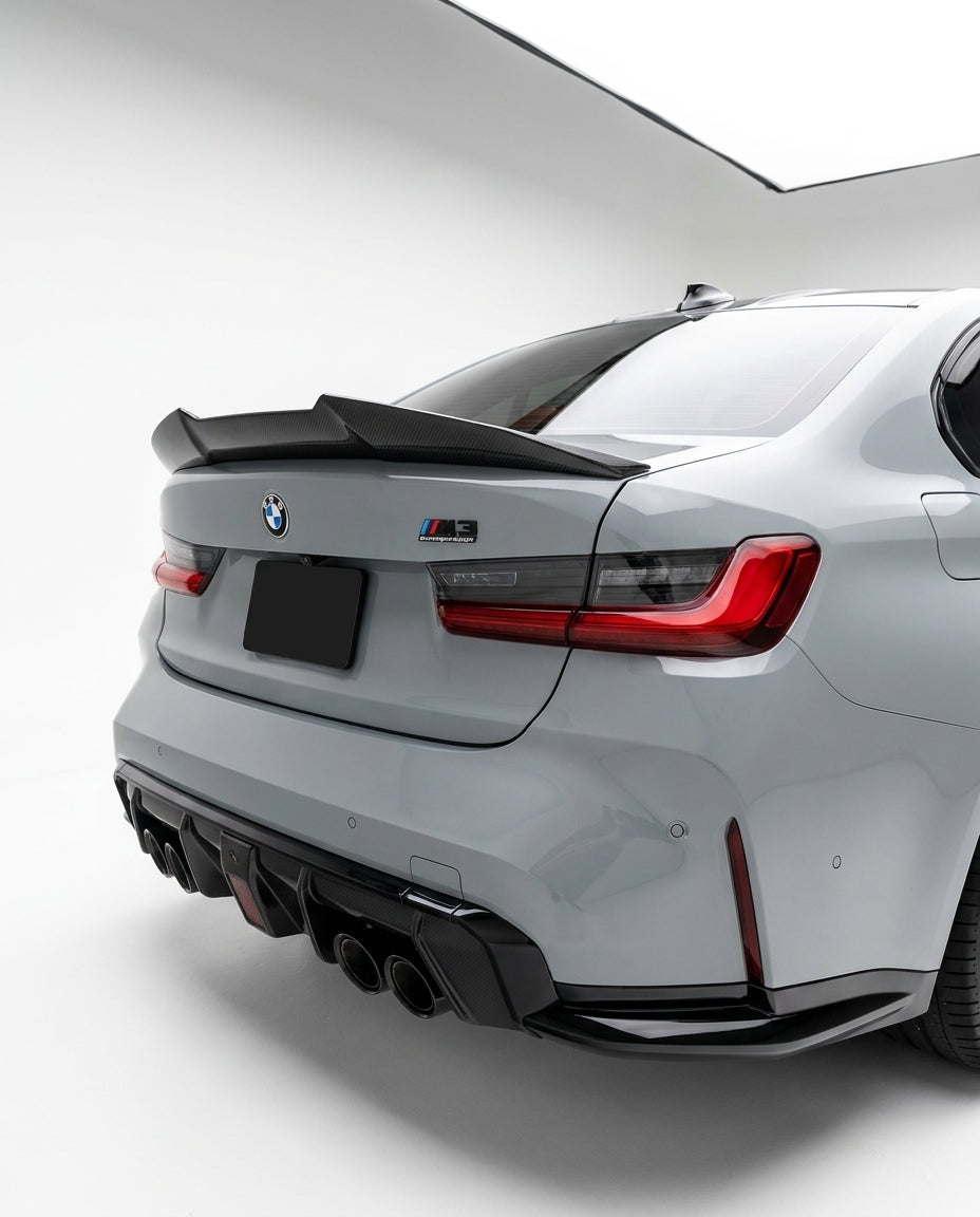 BMW 3 Series G20 G28 G80 M3 PSM style carbon fiber trunk spoiler by K2 Industries, shown on a 2019-2024 model.