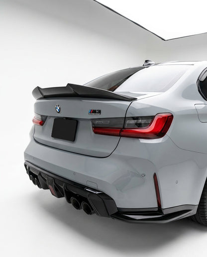 BMW 3 Series G20 G28 G80 M3 PSM style carbon fiber trunk spoiler by K2 Industries, shown on a 2019-2024 model.