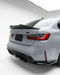 BMW 3 Series G20 G28 G80 M3 PSM style carbon fiber trunk spoiler by K2 Industries, shown on a 2019-2024 model.