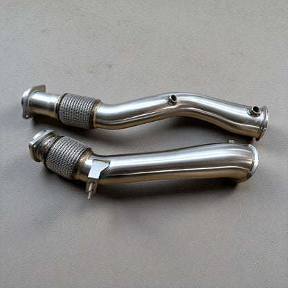 BMW S58 X3M and X4M catless race downpipe by Palenon Performance, 3.5-inch exhaust pipe with detailed metal construction.