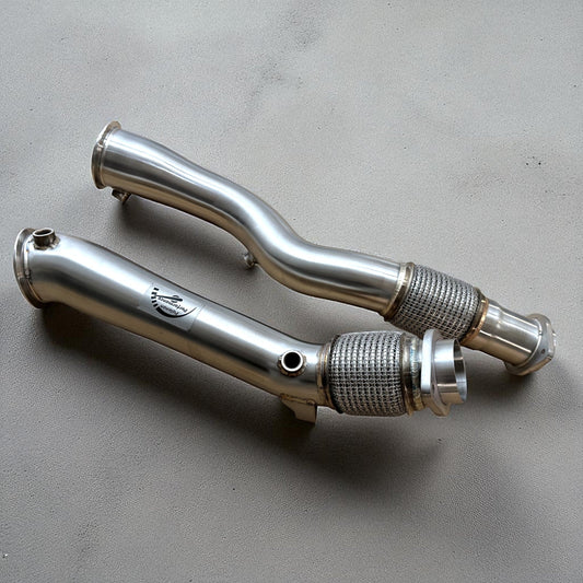 BMW S58 X3M & X4M race downpipe by Palenon Performance, 3.5-inch catless exhaust pipe with metal construction and precise fittings.