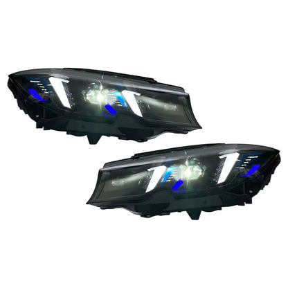K2 Industries BMW 3 Series G20 G28 Snake Eye Style LED Headlights, 2019+ model, with sequential lighting for pre-LCI and LCI.