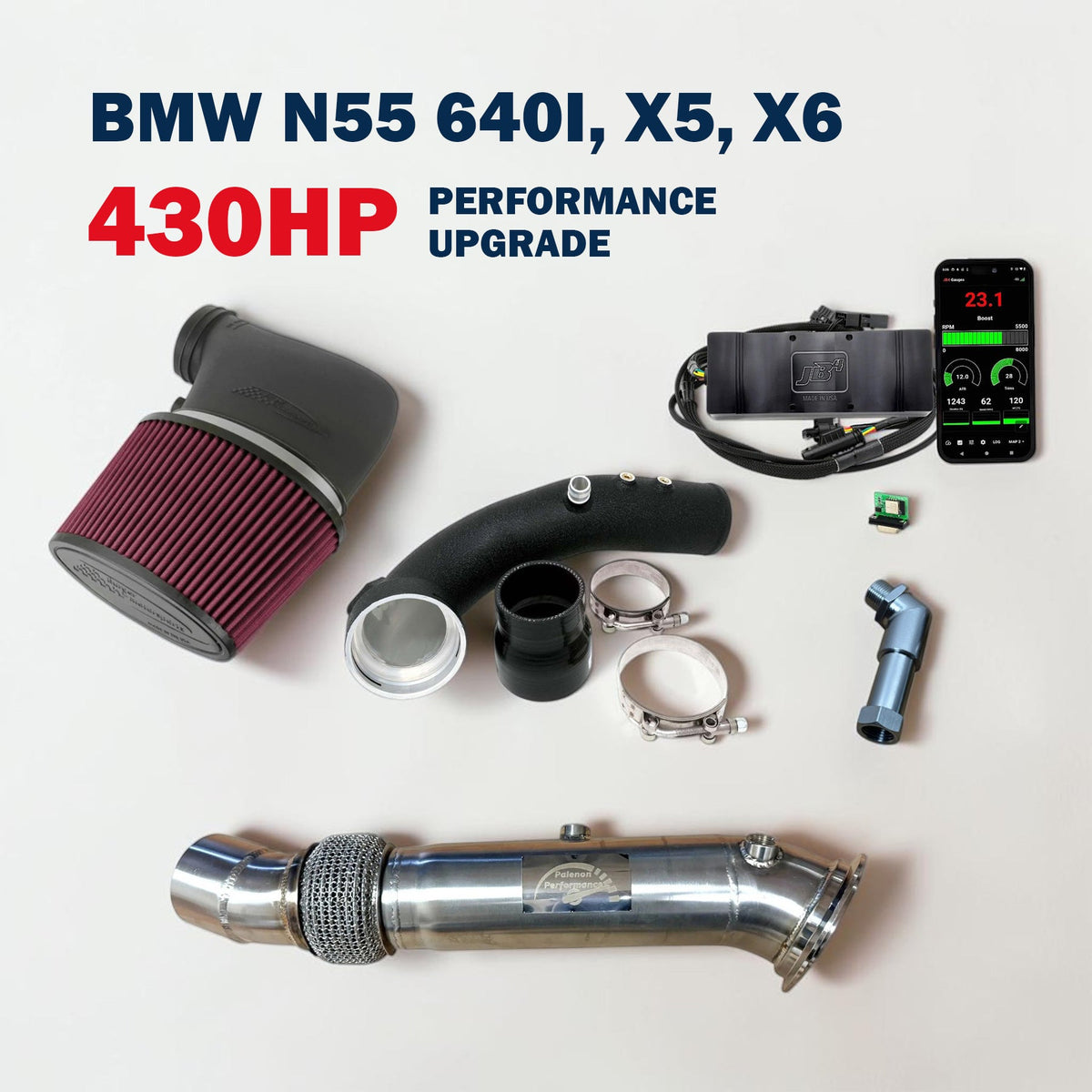 Palenon Performance 430HP upgrade package for BMW N55 640i, X5, X6 F chassis, showing engine components and performance parts.