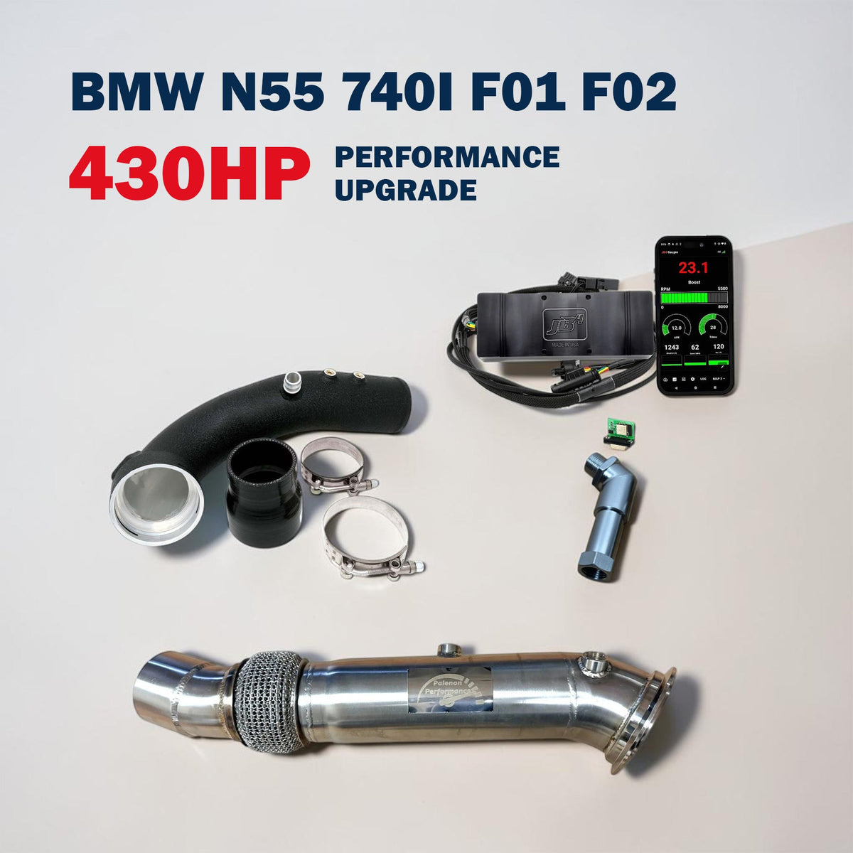 Palenon Performance 430HP upgrade package for BMW N55 535i, 640i, 740i, X5, X6 F chassis models with visible engine components.