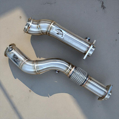 Palenon Performance 700HP upgrade for BMW S58 engine, showing the downpipe for G80 M3, G82 M4, G87 M2 in a detailed view.