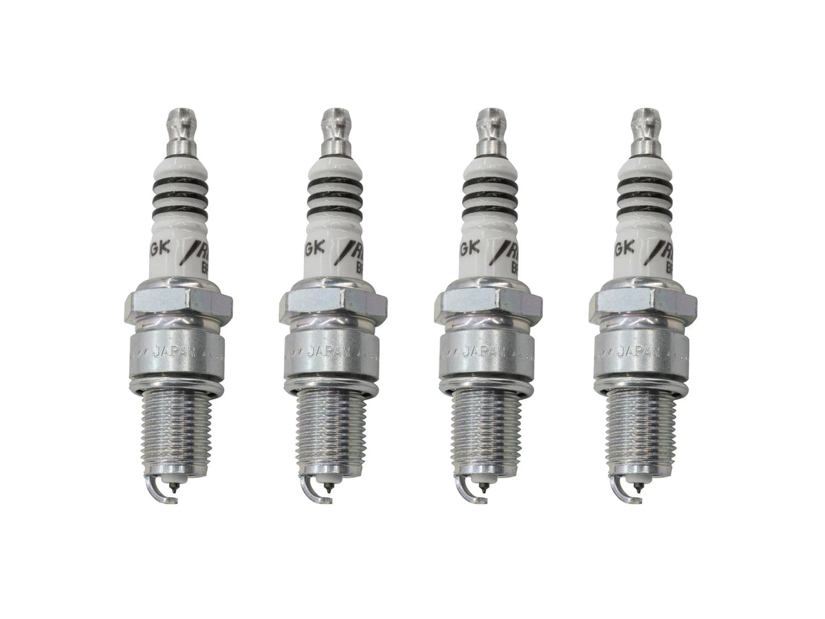 Set of four GoWesty NGK BPR6EIX-44 spark plugs for EFI engines, featuring platinum tips and threaded metal shell.