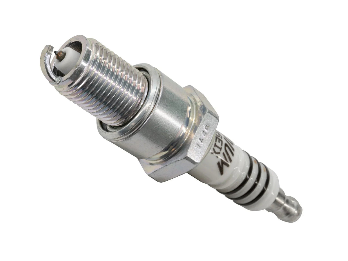 Set of four GoWesty NGK BPR6EIX-4DET spark plugs for automotive engines, showing the platinum-tipped design and packaging.