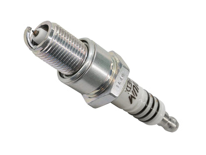 Set of four GoWesty NGK BPR6EIX-4DET spark plugs for automotive engines, showing the platinum-tipped design and packaging.