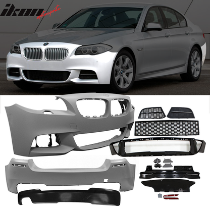 BMW F10 bumpers set with front and rear bumpers featuring a single outlet, manufactured by K2 Industries.