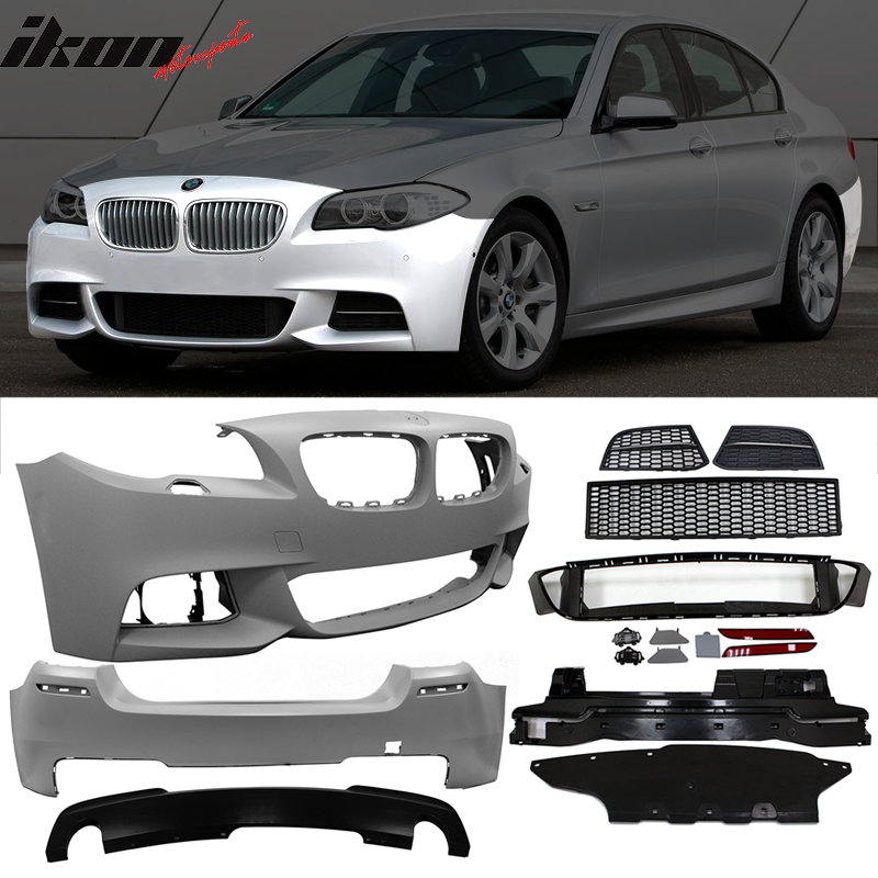 BMW F10 LCI Mtech front and rear bumpers by K2 Industries with twin outlet design, shown on a 2014-2016 BMW F10 model.