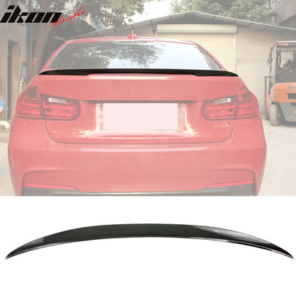 BMW F30 F80 M3 trunk spoiler in carbon fiber print by K2 Industries, designed for 2012-2019 sedan with a sleek aerodynamic look.