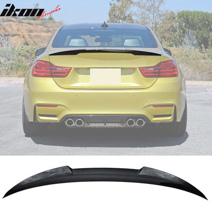 BMW F82 M4 coupe trunk spoiler in carbon fiber print by K2 Industries, showing sleek aerodynamic design on the vehicle.