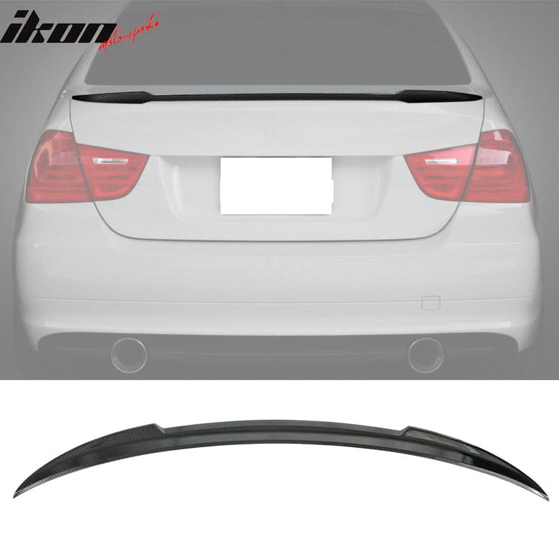 BMW E90 M4 trunk spoiler in carbon fiber print by K2 Industries, designed for 2006-2011 models, showcasing sleek aerodynamic style.