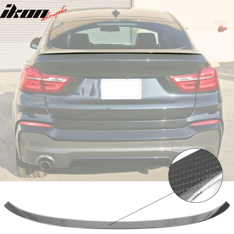 BMW F26 X4 trunk spoiler with carbon fiber print by K2 Industries, designed for 2015-2018 models, shown on vehicle.