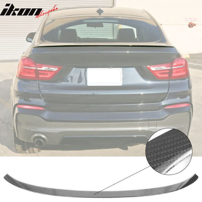 BMW F26 X4 trunk spoiler with carbon fiber print by K2 Industries, designed for 2015-2018 models, shown on vehicle.