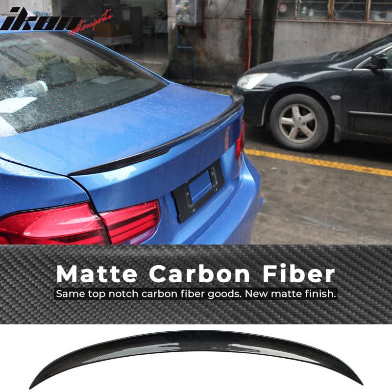 Matte carbon fiber BMW 3 Series F30 F80 P Style trunk spoiler, sleek aerodynamic design, by K2 Industries, for model years 2012-2019.