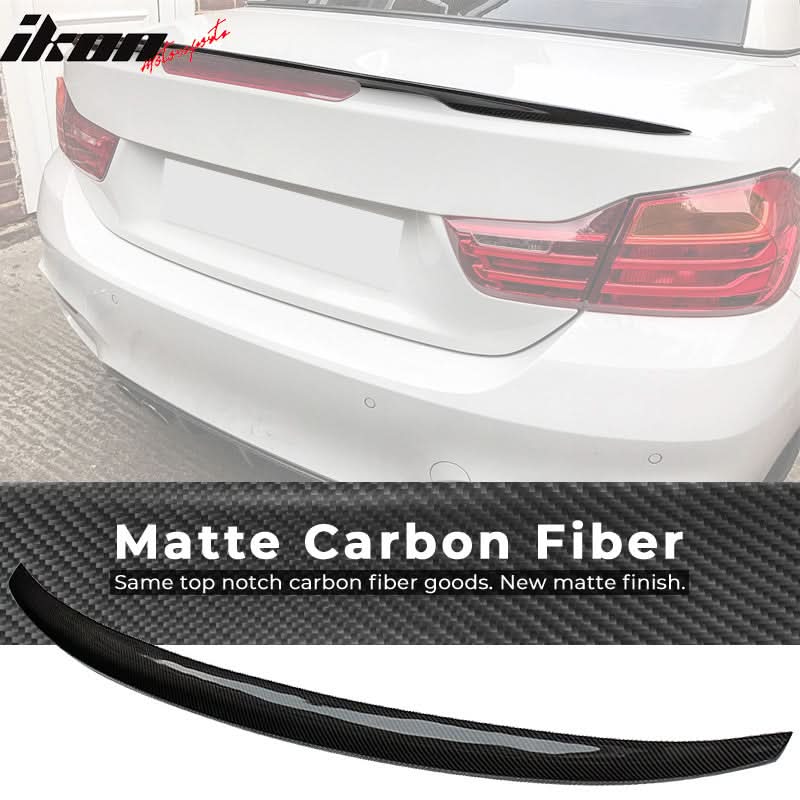 BMW 4 Series F83 trunk spoiler by K2 Industries, matte carbon fiber, performance style, for 2014-2017 BMW 4 Series coupe.