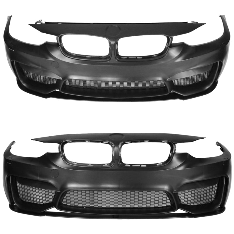 BMW F30 3 Series M3 style front bumper replacement with lip for 2012-2018 models by K2 Industries, shown with a black finish.