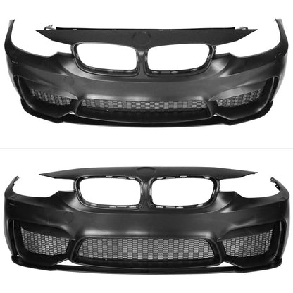 BMW F30 3 Series M3 style front bumper replacement with lip for 2012-2018 models by K2 Industries, shown with a black finish.