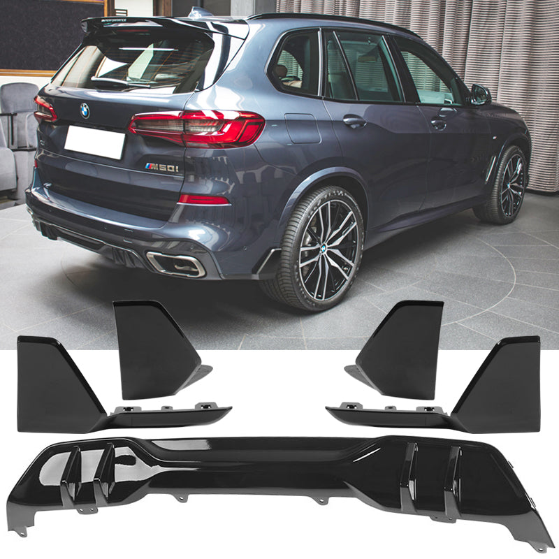 BMW G05 X5 M Sport black front and rear aprons and diffuser, ABS plastic, sleek design, installed on the vehicle.