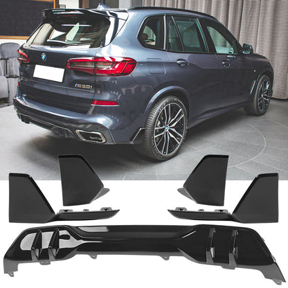 BMW G05 X5 M Sport black front and rear aprons and diffuser, ABS plastic, sleek design, installed on the vehicle.