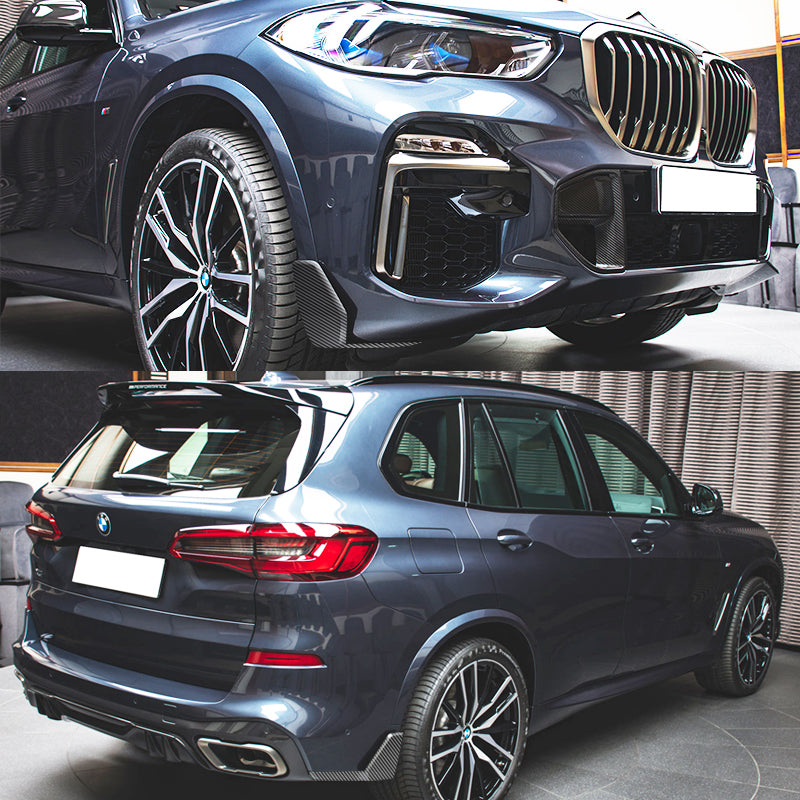 BMW G05 X5 M CFL sport front and rear aprons splitter, ABS spoilers by K2 Industries, showing sleek automotive enhancement.