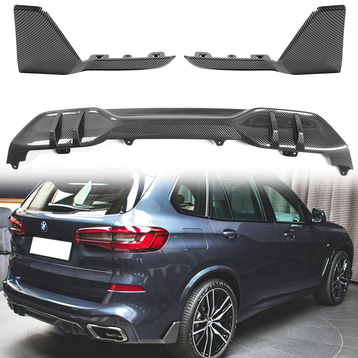 BMW G05 X5 M CFL sport rear diffuser in black ABS, featuring sleek rear aprons and sporty design by K2 Industries.