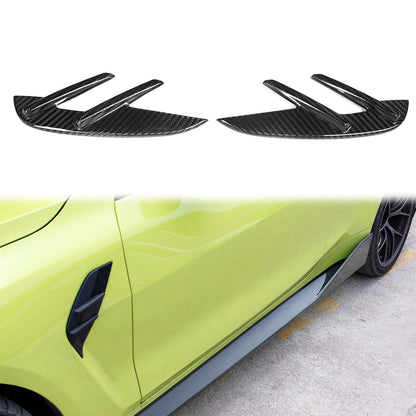 Dry carbon BMW G82 G83 M4 OE style front fender side vent accessory by K2 Industries, showcasing sleek, lightweight design.