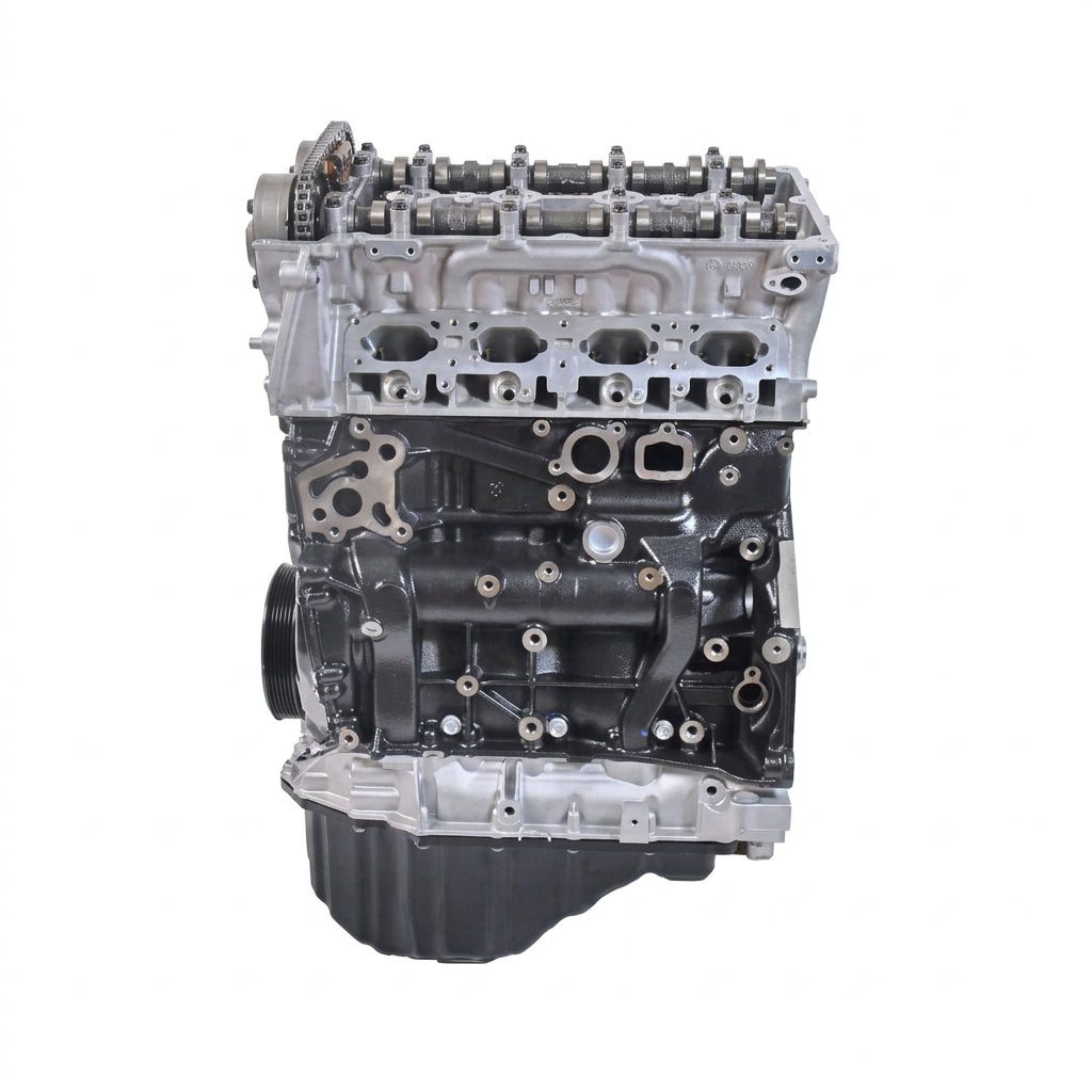 A NEW V6 engine block with a silver aluminum cylinder head and a black painted engine body, photographed on a seamless white studio background.