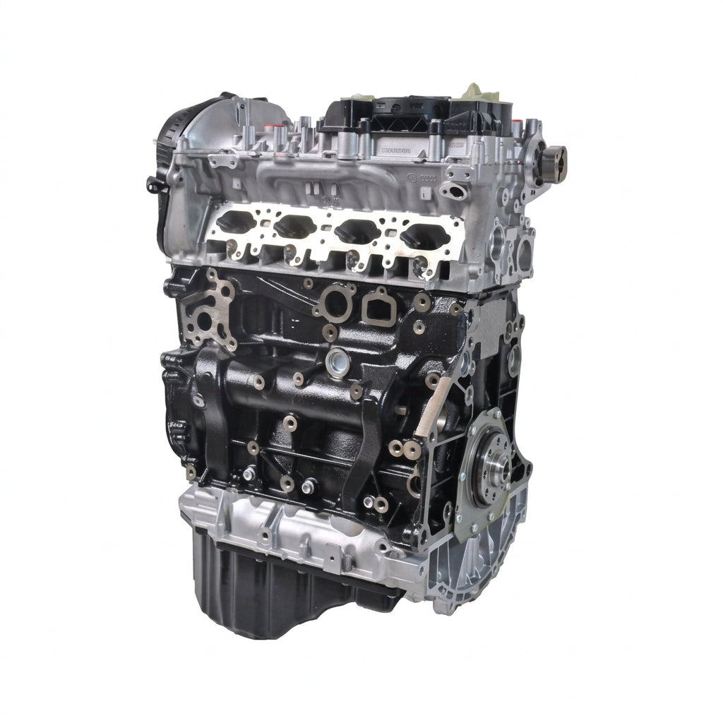 A silver and black automotive engine block with visible internal components, photographed on a plain white background.
