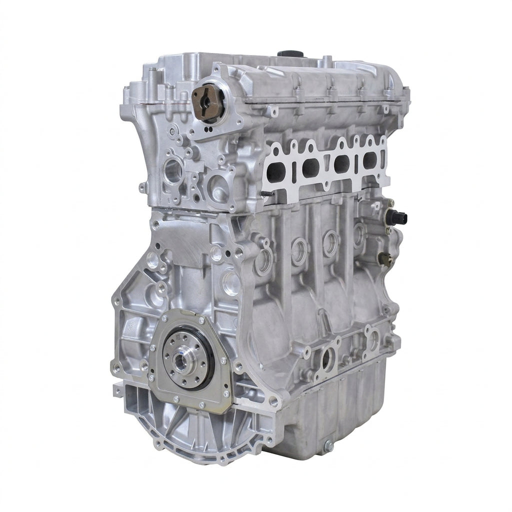 A NEW VW AUDI AUTOMOTIVE engine assembly with a silver cast metal body, black internal components, and a prominent orange and white logo overlay on the side, isolated on a white background.