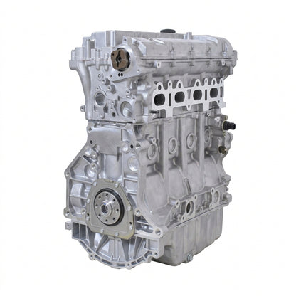 A NEW VW AUDI AUTOMOTIVE engine assembly with a silver cast metal body, black internal components, and a prominent orange and white logo overlay on the side, isolated on a white background.