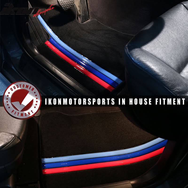 Black nylon car floor mats for BMW E60 5 Series (2005-2010) with M stripe design, 4-piece set from K2 Industries.