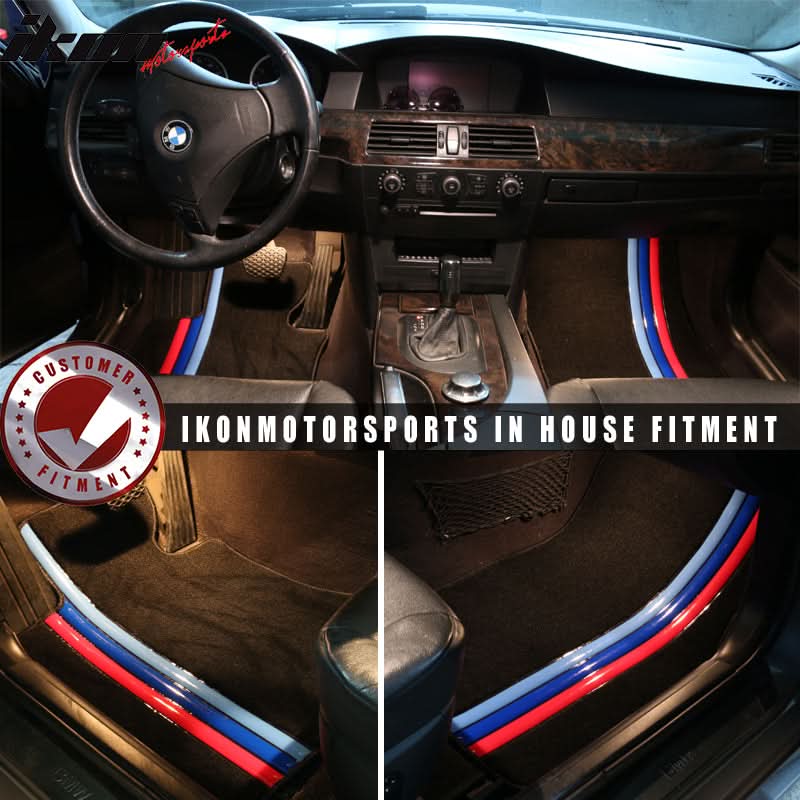 Black nylon car floor mats with M stripe for BMW E60 5 Series 2005-2010, four-piece set by K2 Industries.