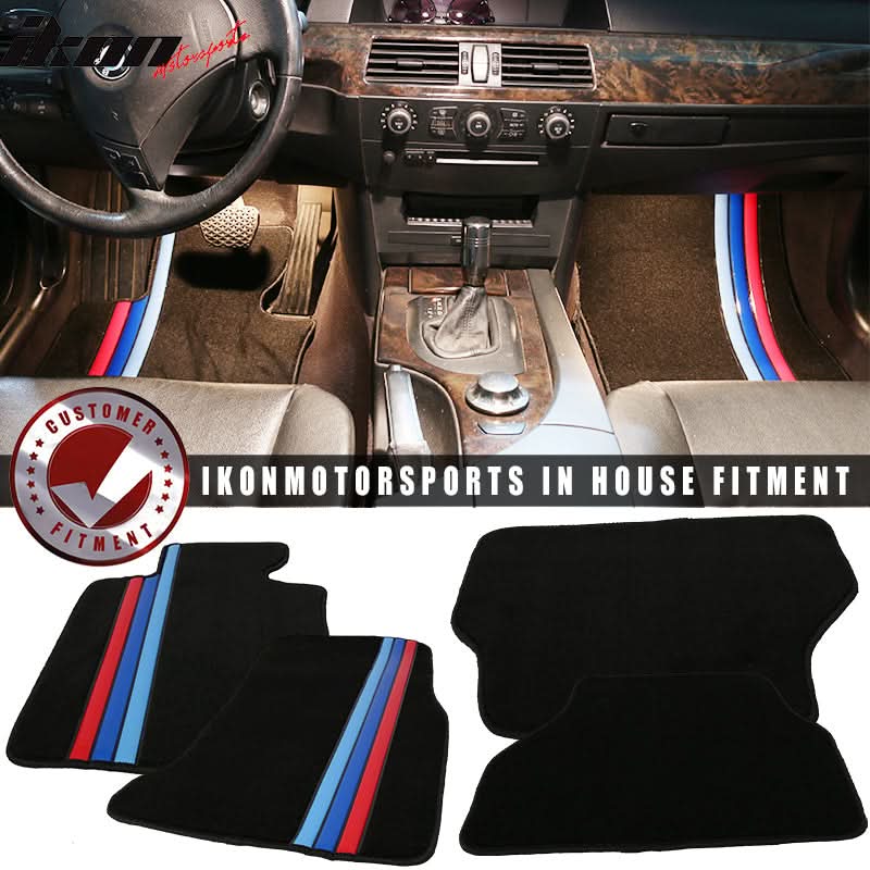 Black nylon car floor mats with M stripe for BMW E60 5 Series 2005-2010, four-piece set by K2 Industries.