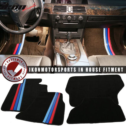 Black nylon car floor mats with M stripe for BMW E60 5 Series 2005-2010, four-piece set by K2 Industries.