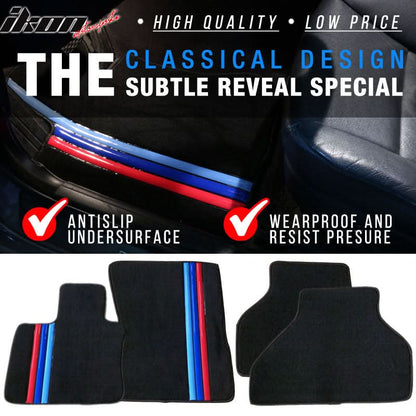Black nylon car floor mats with M color stripe for BMW E70 X5 (2007-2012), 4-piece carpet set by K2 Industries.