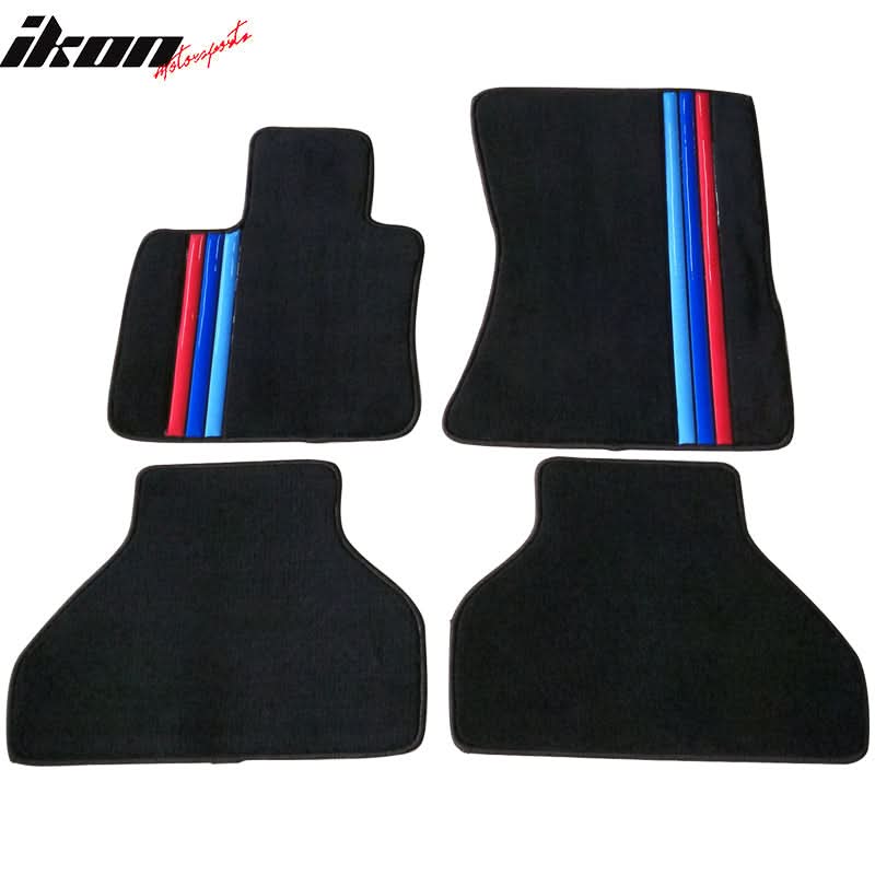 Black nylon car floor mats for BMW E70 X5 (2007-2012), 4-piece set with M color stripe by K2 Industries.