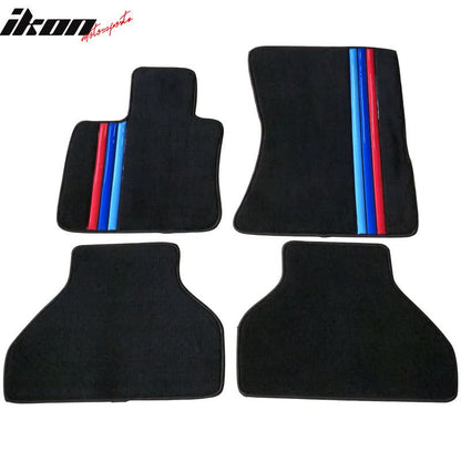Black nylon car floor mats for BMW E70 X5 (2007-2012), 4-piece set with M color stripe by K2 Industries.
