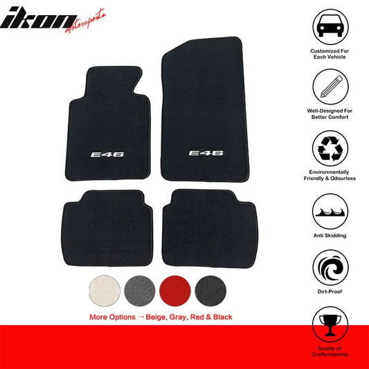 Car carpet floor mats for BMW E46 3 Series and M3, black with K2 Industries logo, set of four for 1999-2005 models.